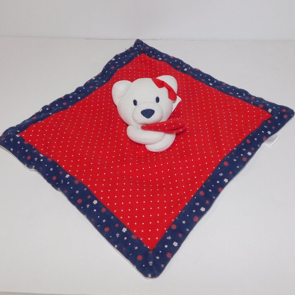 Gymboree White Bear Security Blanket Red Blue Polka Dot Baby Lovey Nunu Soother